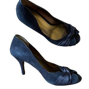 Ann Taylor Loft Pumps Black Leather Heels Bow Open Peep Toe Size 7.5 M